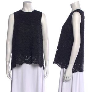 Carolina Herrera Corded Lace Scalloped Floral Crewneck Sleeveless Blouse Black